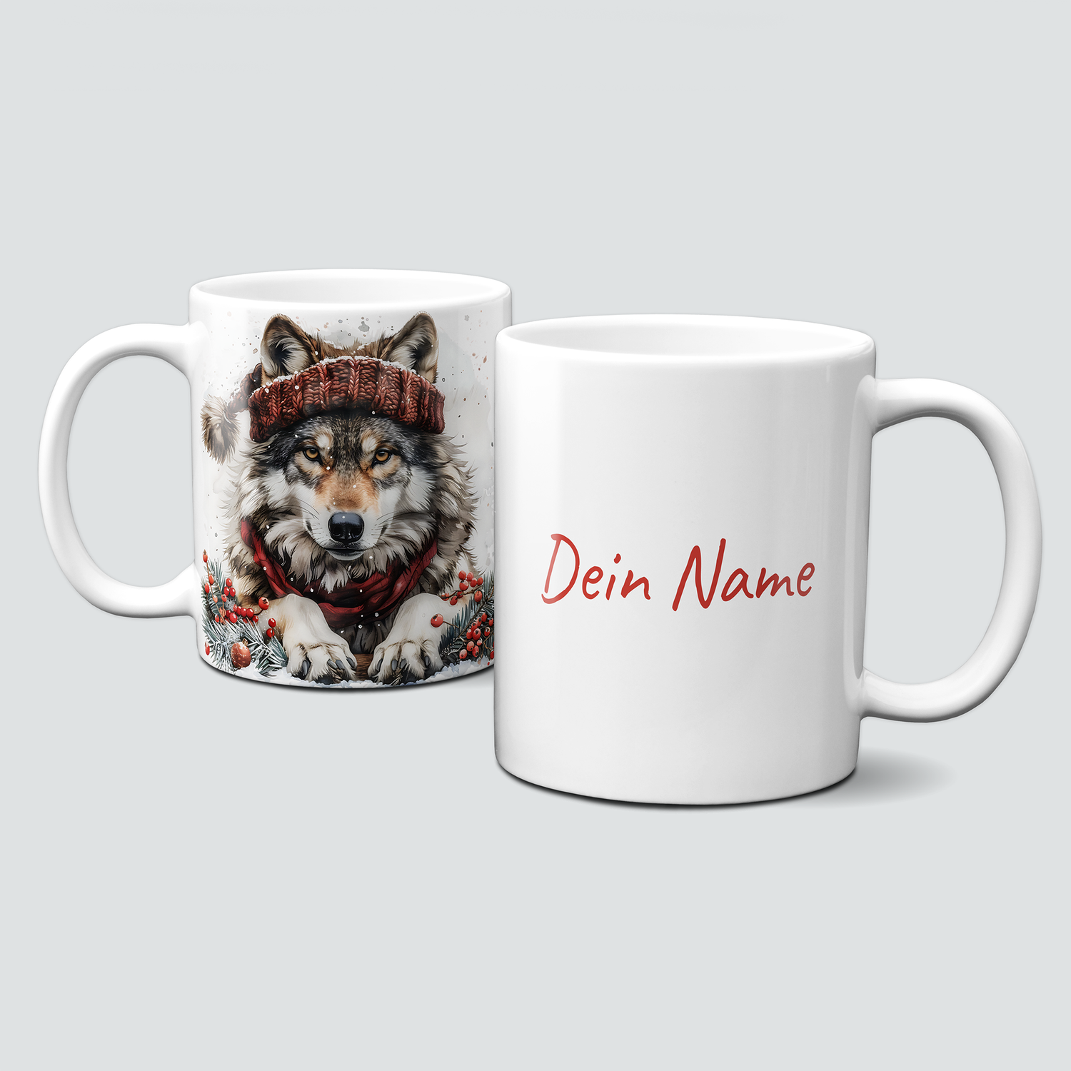 oh-cuptastic Tasse,  Weihnachten-Wolf mit Haube-Zweige-Tiermotiv-Personalisierbar