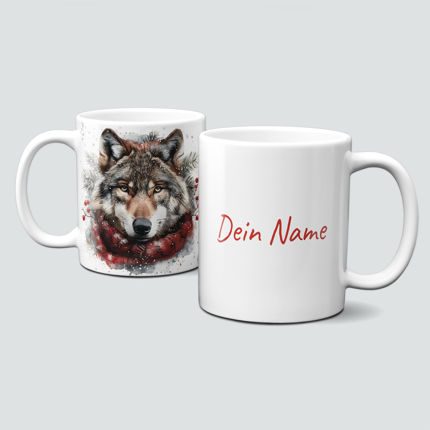 oh-cuptastic Tasse, Weihnachten-Wolf mit Schal-Zweige-Tiermotiv-Personalisierbar oh-cuptastic Tasse, Weihnachten-Wolf mit Schal-Zweige-Tiermotiv-Personalisierbar