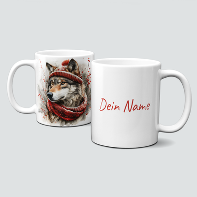 oh-cuptastic Tasse,  Weihnachten-Wolf mit Schal und Haube-Tiermotiv-Personalisierbar