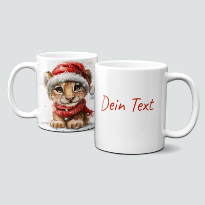 oh-cuptastic Tasse,  Weihnachten-Löwe-Weihnachtsmannmütze-Tiermotiv-Personalisierbar