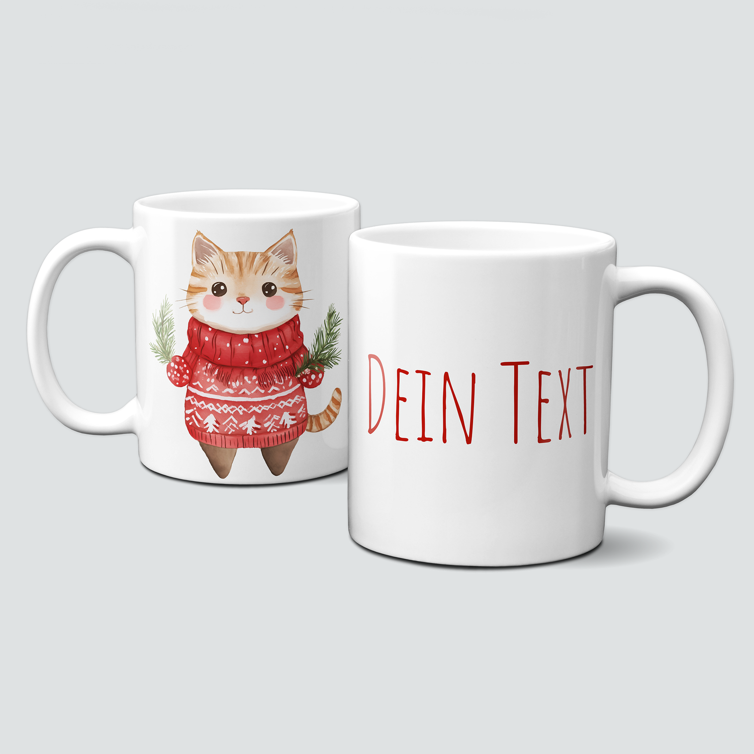 oh-cuptastic Tasse,  Weihnachten-Katze-Pullover-Zweige-Tiermotiv-Personalsierbar