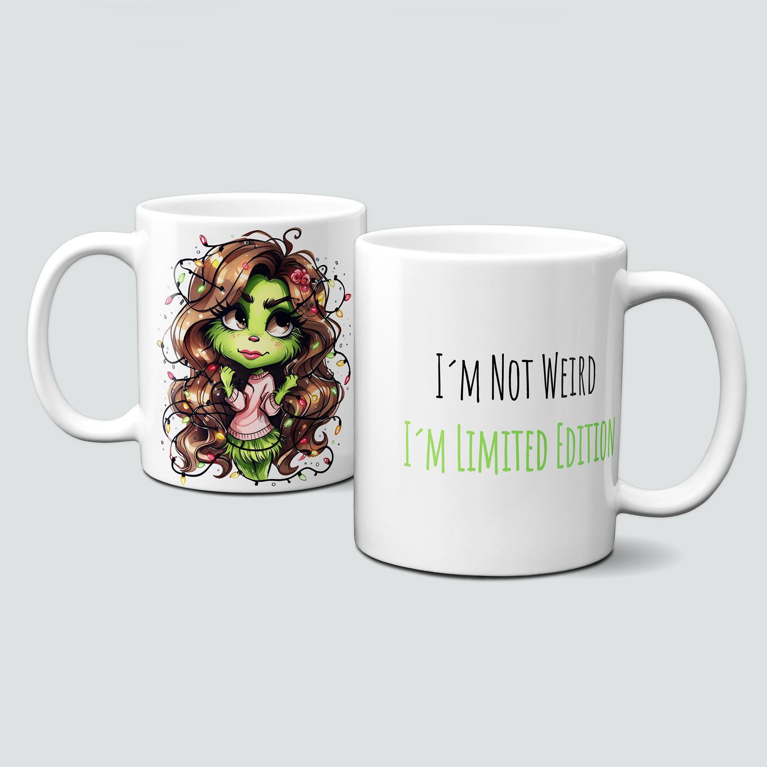 oh-cuptastic Tasse,  Weihnachten-Grinchlady-Grinch-Frau-Lichterkette-I´m not weird