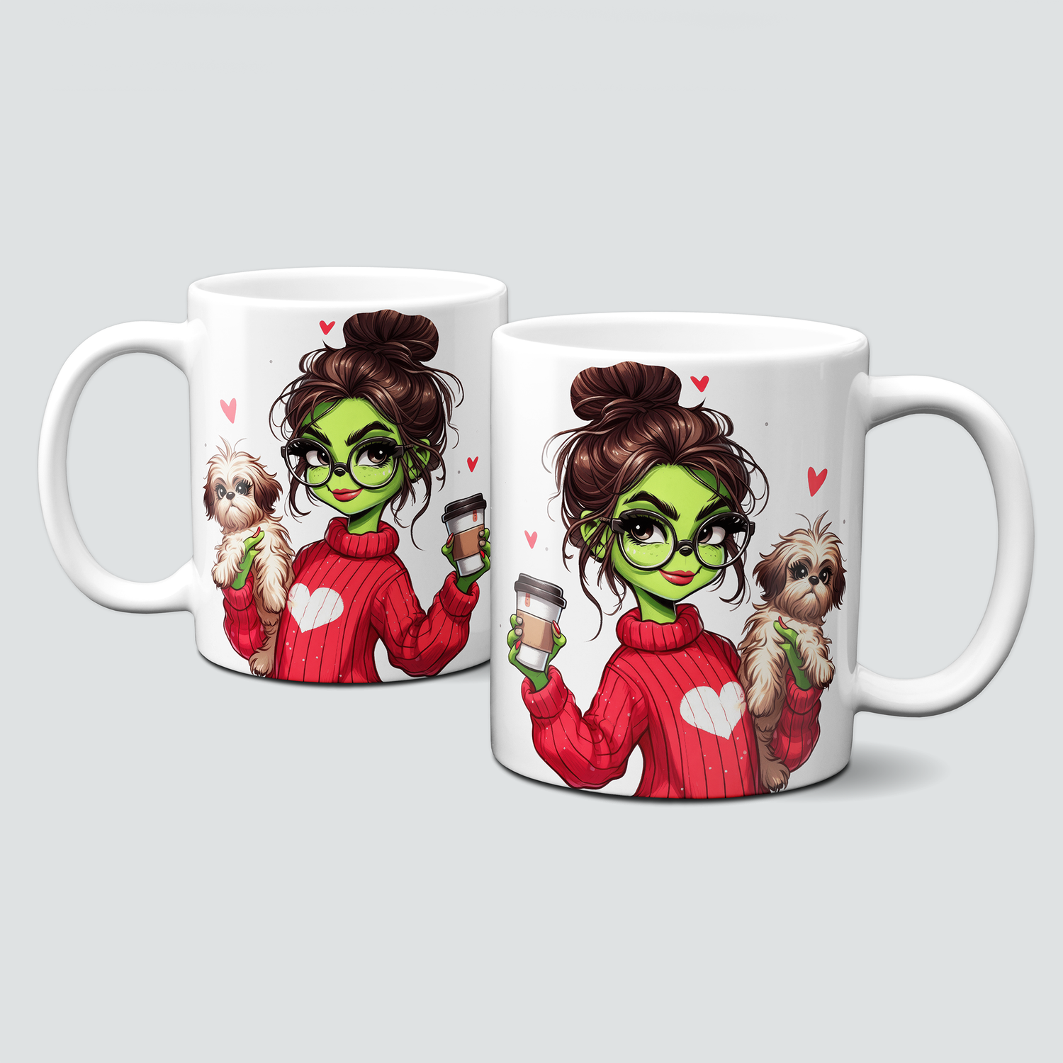 oh-cuptastic Tasse,  Weihnachten-Grinchlady-Grinch-Frau-Pullover-Hund-Kaffee