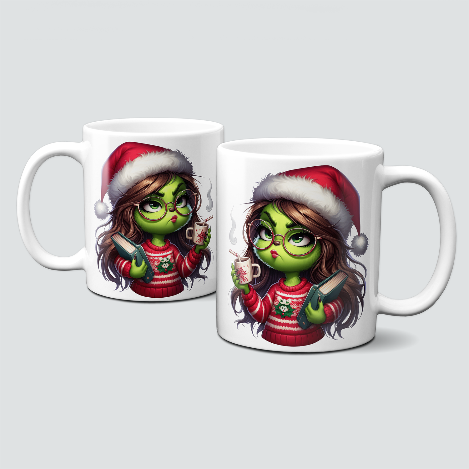 oh-cuptastic Tasse,  Weihnachten-Grinchlady-Grinch-Frau-Pullover-Bücher-Kaffee