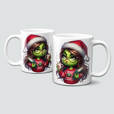 oh-cuptastic Tasse,  Weihnachten-Grinchlady-Grinch-Frau-Pullover-Bücher-Kaffee