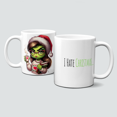 oh-cuptastic Tasse,  Weihnachten-Grinchlady-Grinch-Frau-Pullover-Mütze-I hate christmas