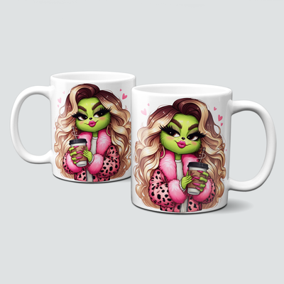 oh-cuptastic Tasse,  Weihnachten-Grinchlady-Grinch-Frau-Mantel-blonde Haare-Kaffee