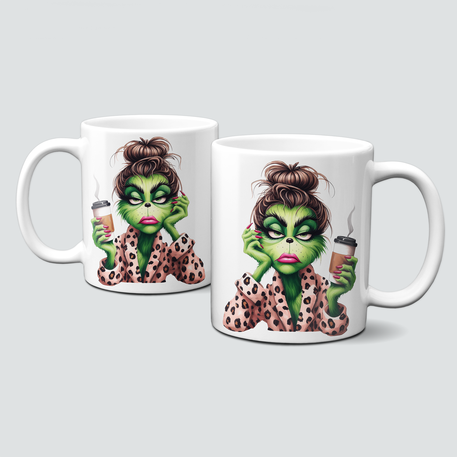 oh-cuptastic Tasse,  Weihnachten-Grinchlady-Grinch-Frau-Bademantel-brauner Dutt-Kaffee