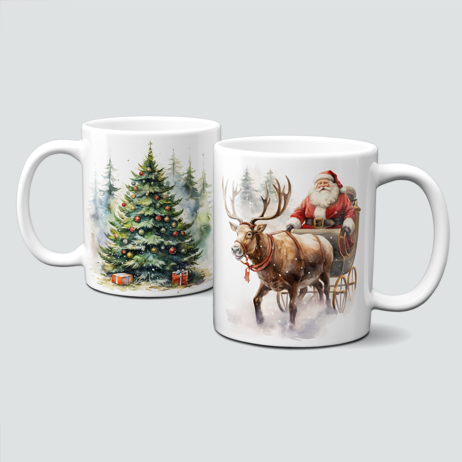 Keramiktasse mit Weihnachtsmotiv - Rentier-Weihnachtsbaum-Schlitten