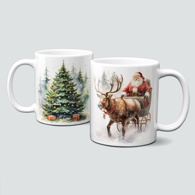 Keramiktasse mit Weihnachtsmotiv - Rentier-Weihnachtsbaum-Schlitten Keramiktasse mit Weihnachtsmotiv - Rentier-Weihnachtsbaum-Schlitten