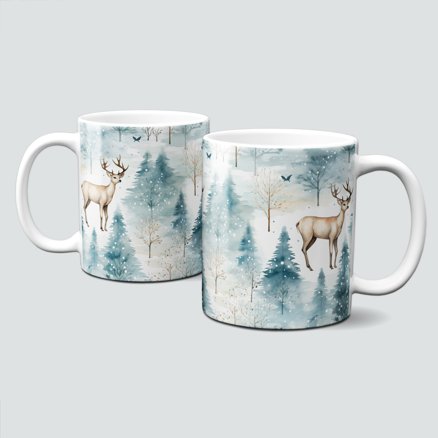 Keramiktasse mit Weihnachtsmotiv - Rentier-Wald-Schneelandschaft