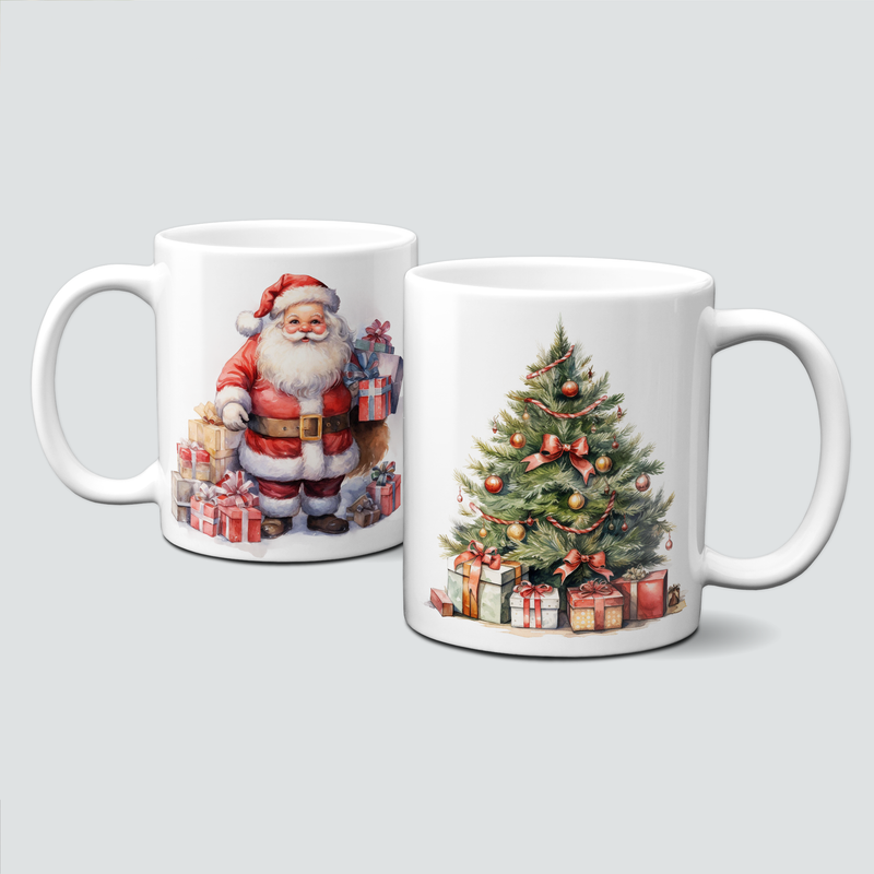Keramiktasse mit Weihnachtsmotiv - Santa Claus-Weihnachtsmann-Christbaum-Geschenke