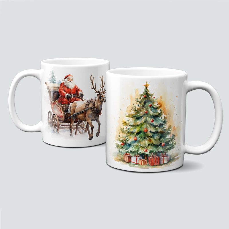 Keramiktasse mit Weihnachtsmotiv - Santa Claus-Weihnachtsmann-Christbaum-Schlitten