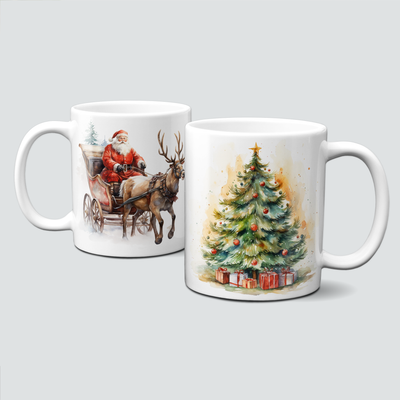Keramiktasse mit Weihnachtsmotiv - Santa Claus-Weihnachtsmann-Christbaum-Schlitten