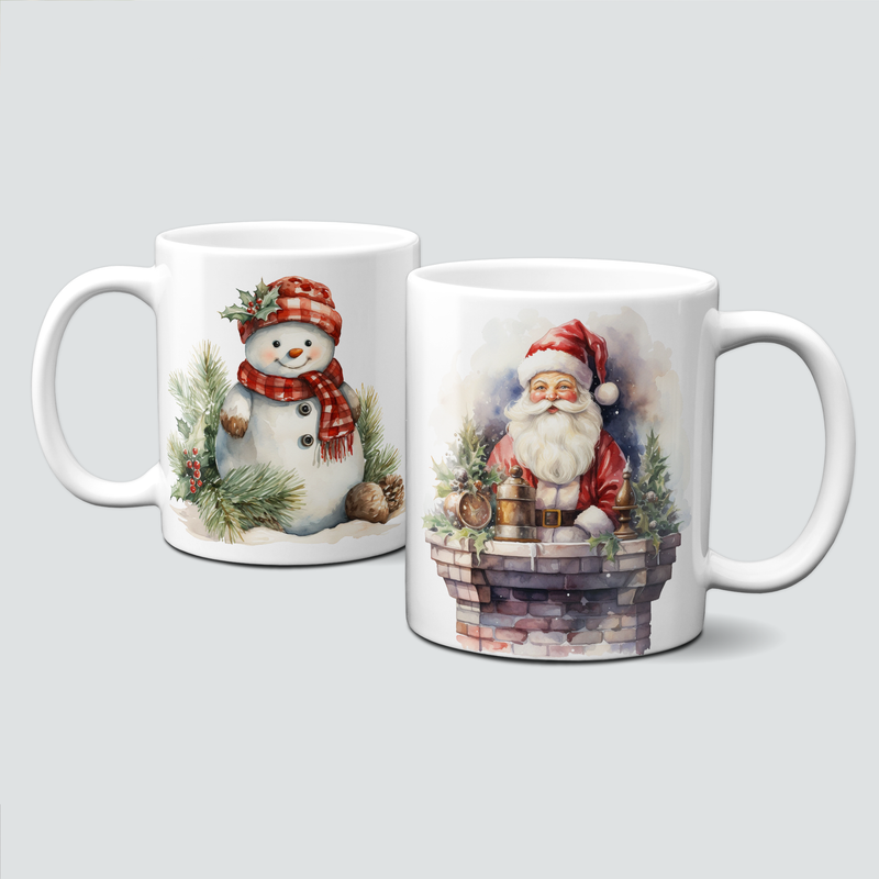 Keramiktasse mit Weihnachtsmotiv -Schneemann-Santa Claus-Kamin