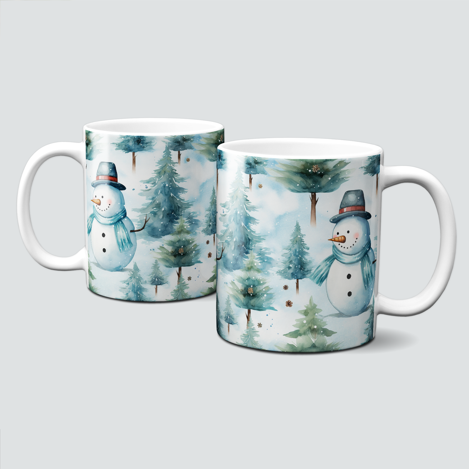 Keramiktasse mit Weihnachtsmotiv -Schneemann-Wald-Bäume