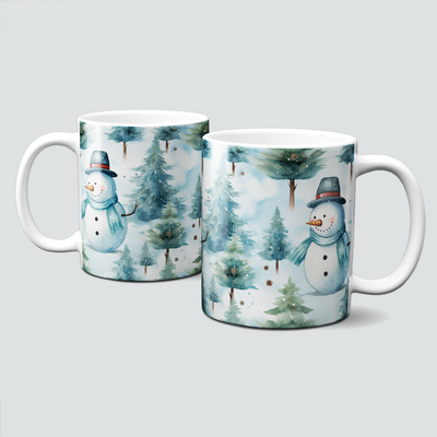 Keramiktasse mit Weihnachtsmotiv -Schneemann-Wald-Bäume Keramiktasse mit Weihnachtsmotiv -Schneemann-Wald-Bäume
