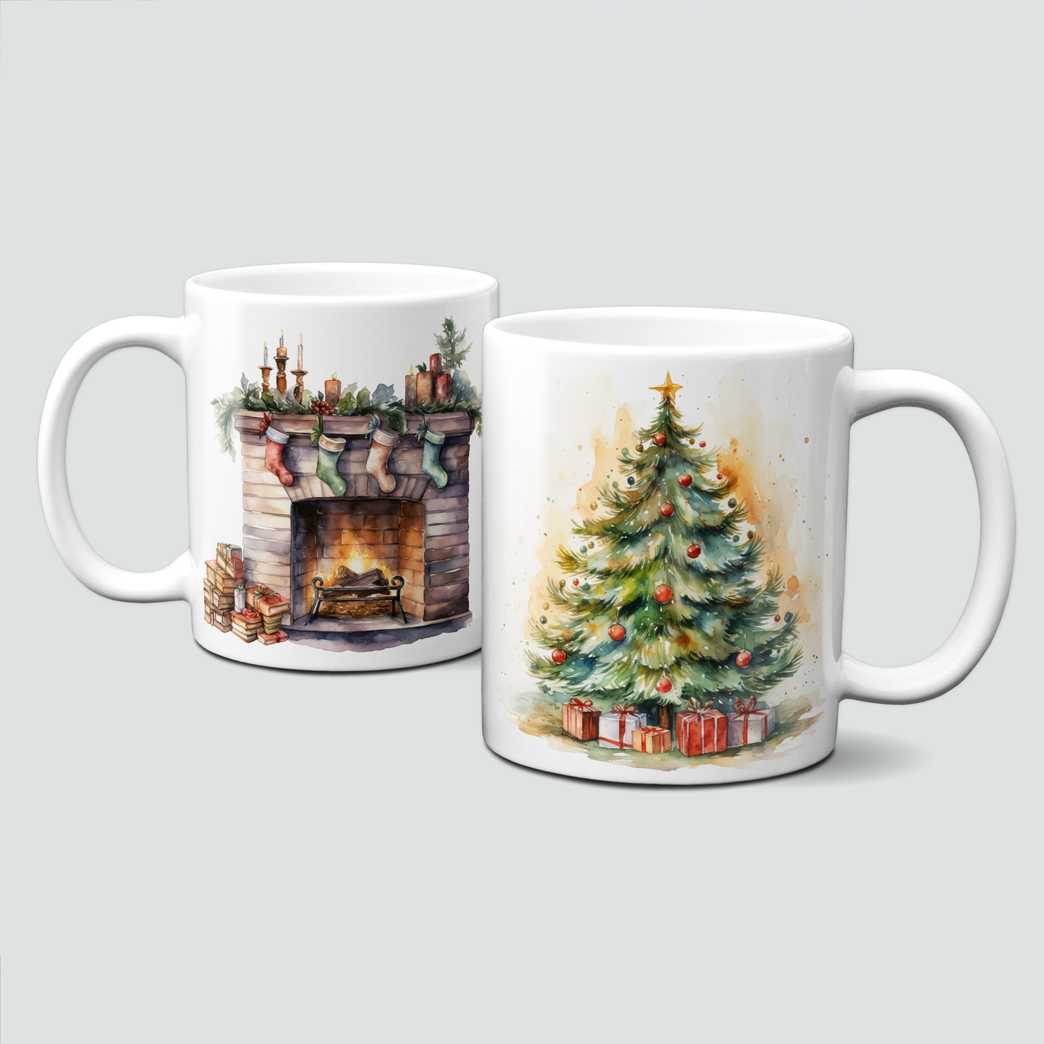 Keramiktasse mit Weihnachtsmotiv -Christbaum-Weihnachtsbaum-Kamin