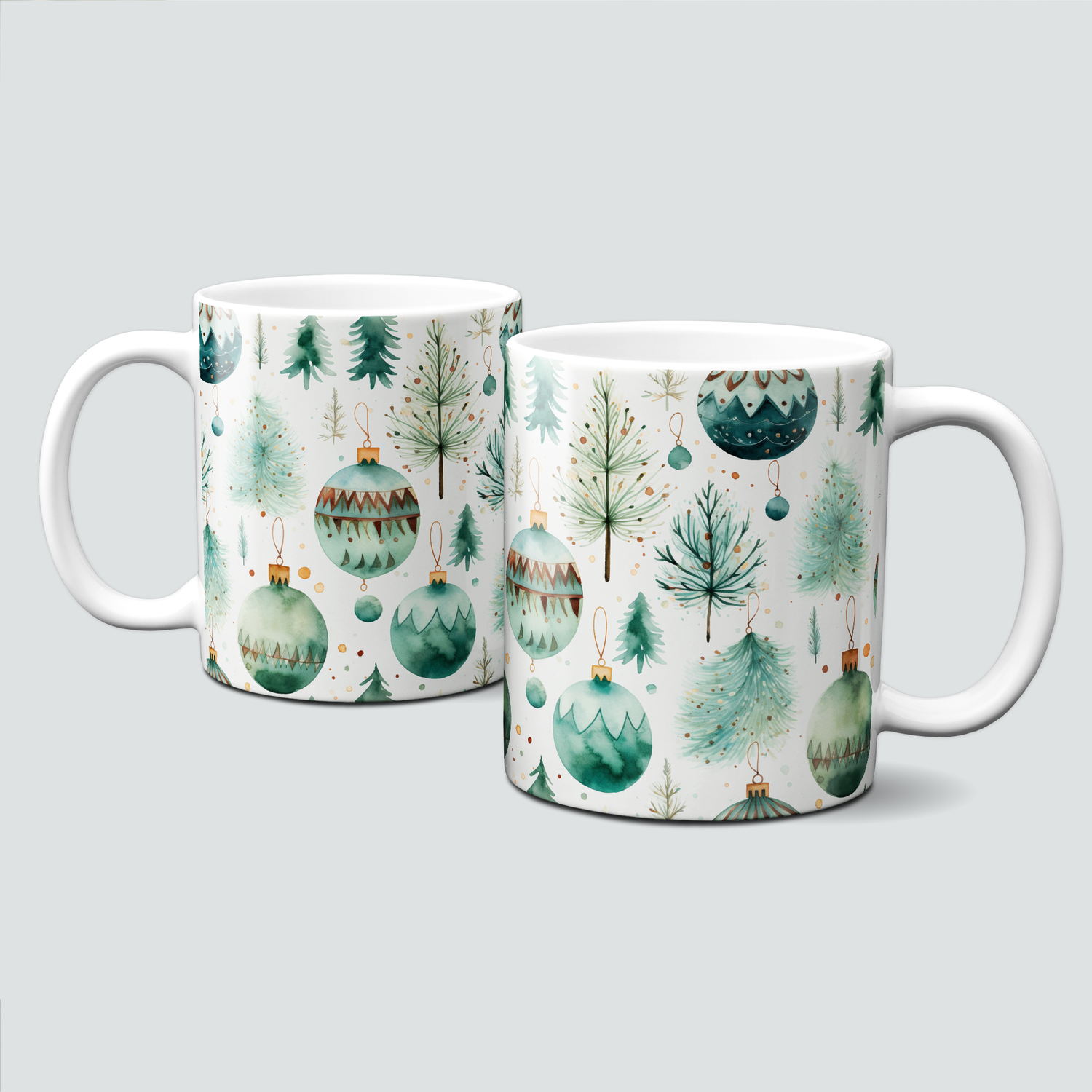 Keramiktasse mit Weihnachtsmotiv -Weihnachtskugeln-Kugeln-Bäume