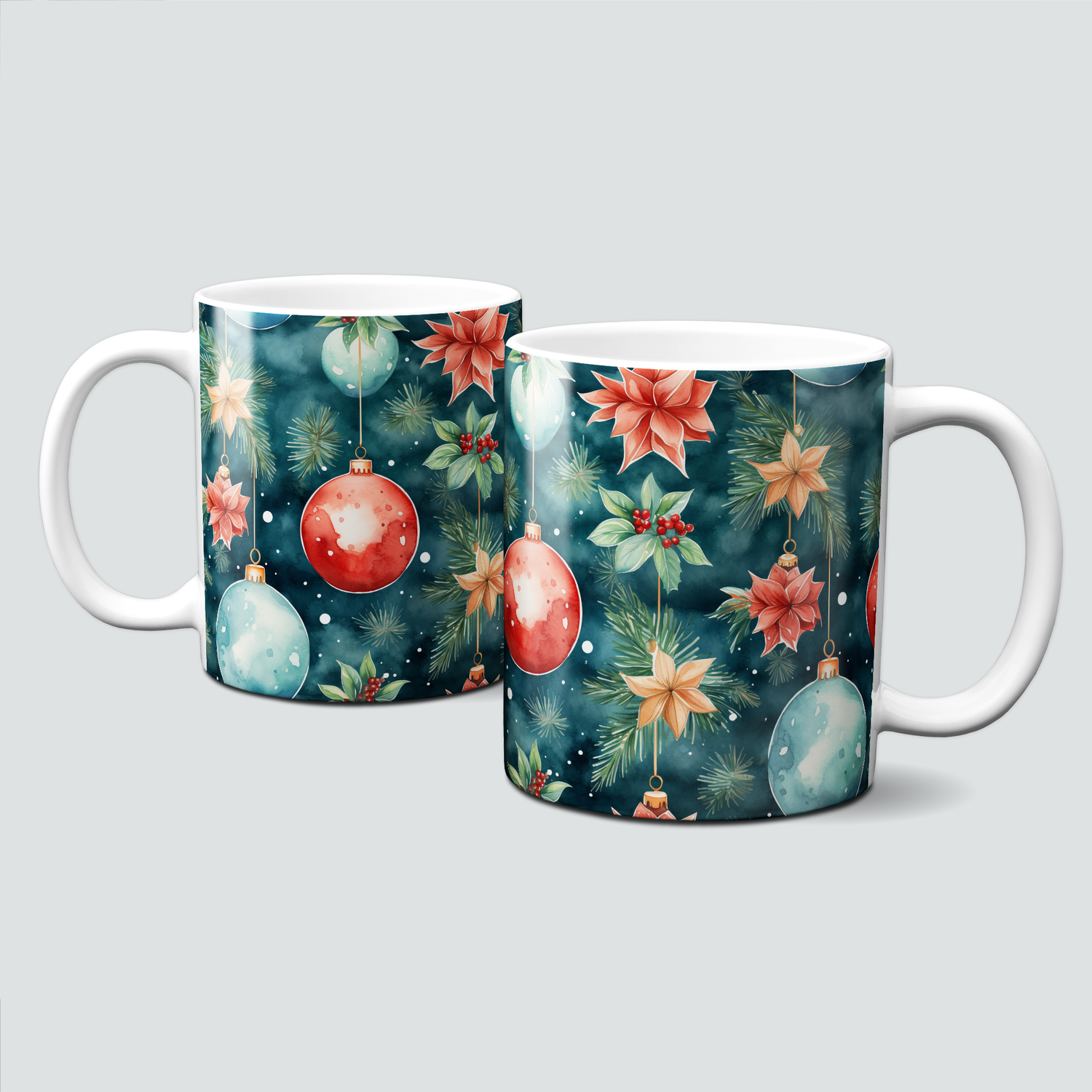 Keramiktasse mit Weihnachtsmotiv - Weihnachtsbaum-Kugeln-Blüten