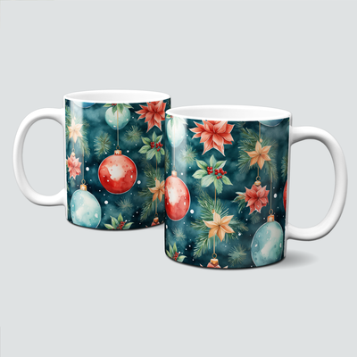 Keramiktasse mit Weihnachtsmotiv - Weihnachtsbaum-Kugeln-Blüten Keramiktasse mit Weihnachtsmotiv - Weihnachtsbaum-Kugeln-Blüten