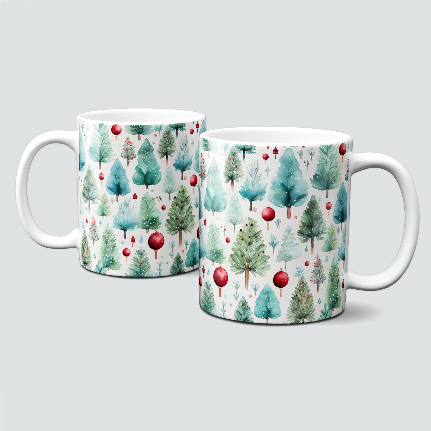 Keramiktasse mit Weihnachtsmotiv - Weihnachtsbaum-Bäume-Wald-Kugeln