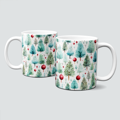 Keramiktasse mit Weihnachtsmotiv - Weihnachtsbaum-Bäume-Wald-Kugeln Keramiktasse mit Weihnachtsmotiv - Weihnachtsbaum-Bäume-Wald-Kugeln