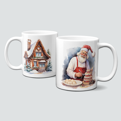 Keramiktasse mit Weihnachtsmotiv - Hütte-Haus-Santa Claus-Weihnachtsmann-backen