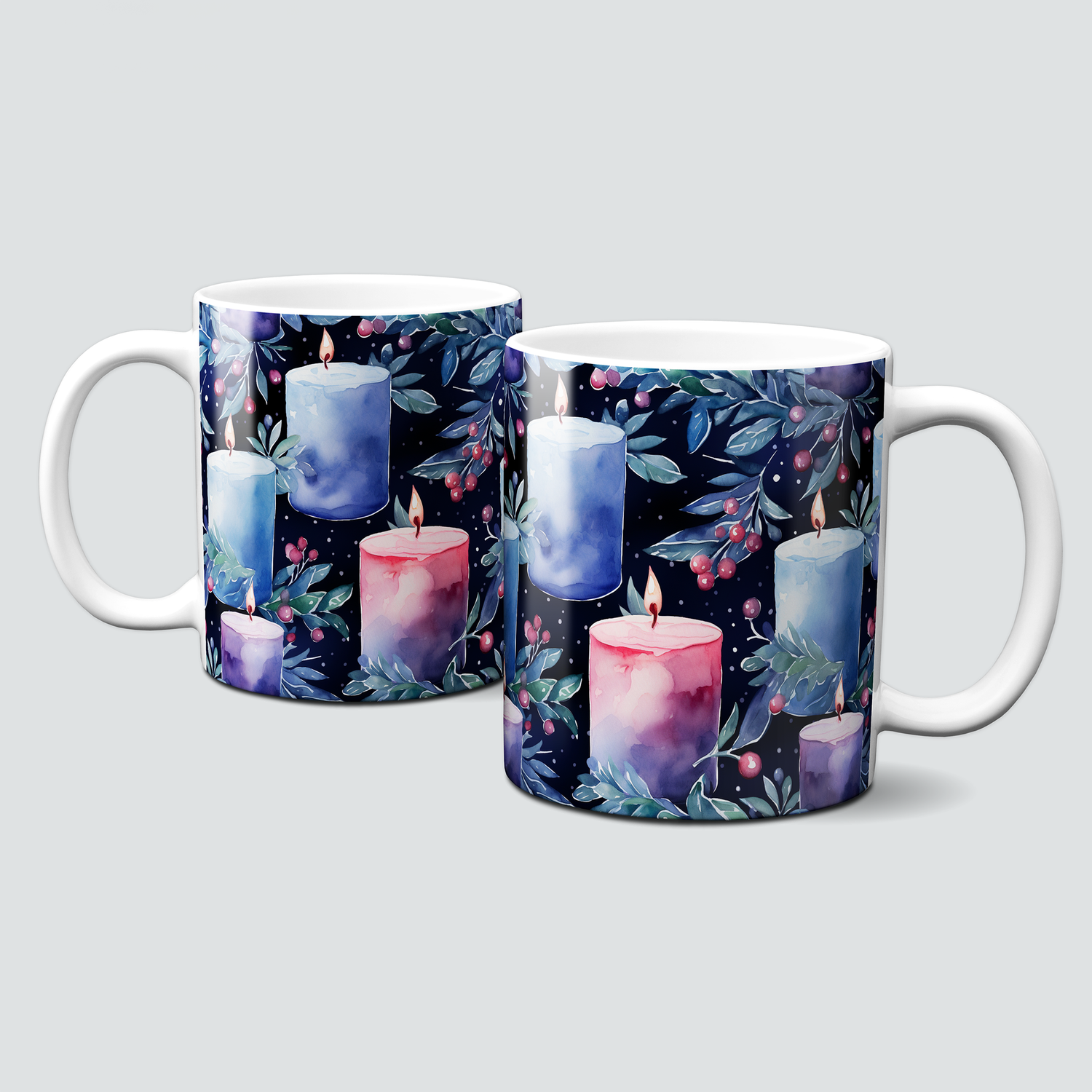 Keramiktasse mit Weihnachtsmotiv - Kerzen- blau-rosa