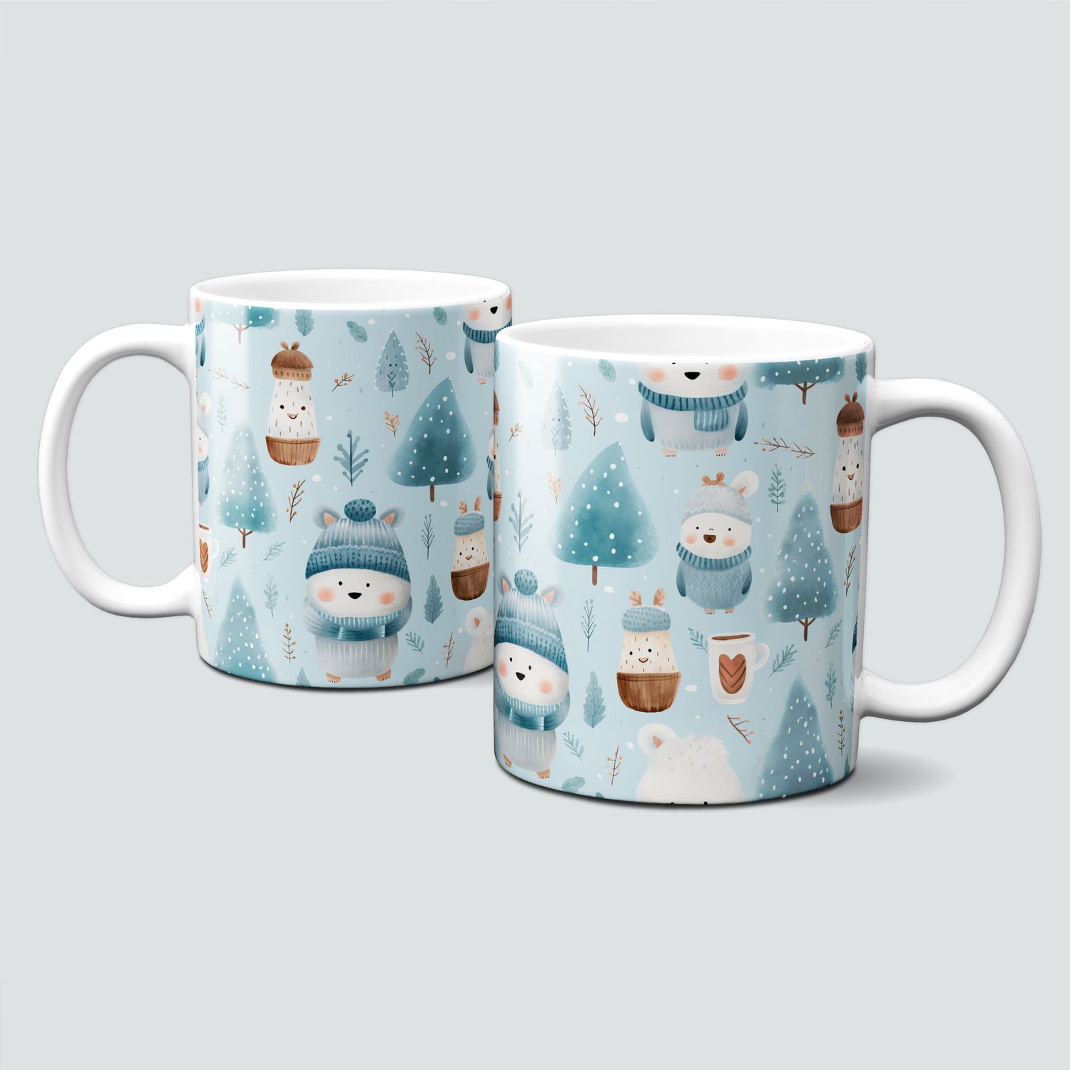 Keramiktasse mit Weihnachtsmotiv - Wald-Bäume-Winterlandschaft-Schneemann