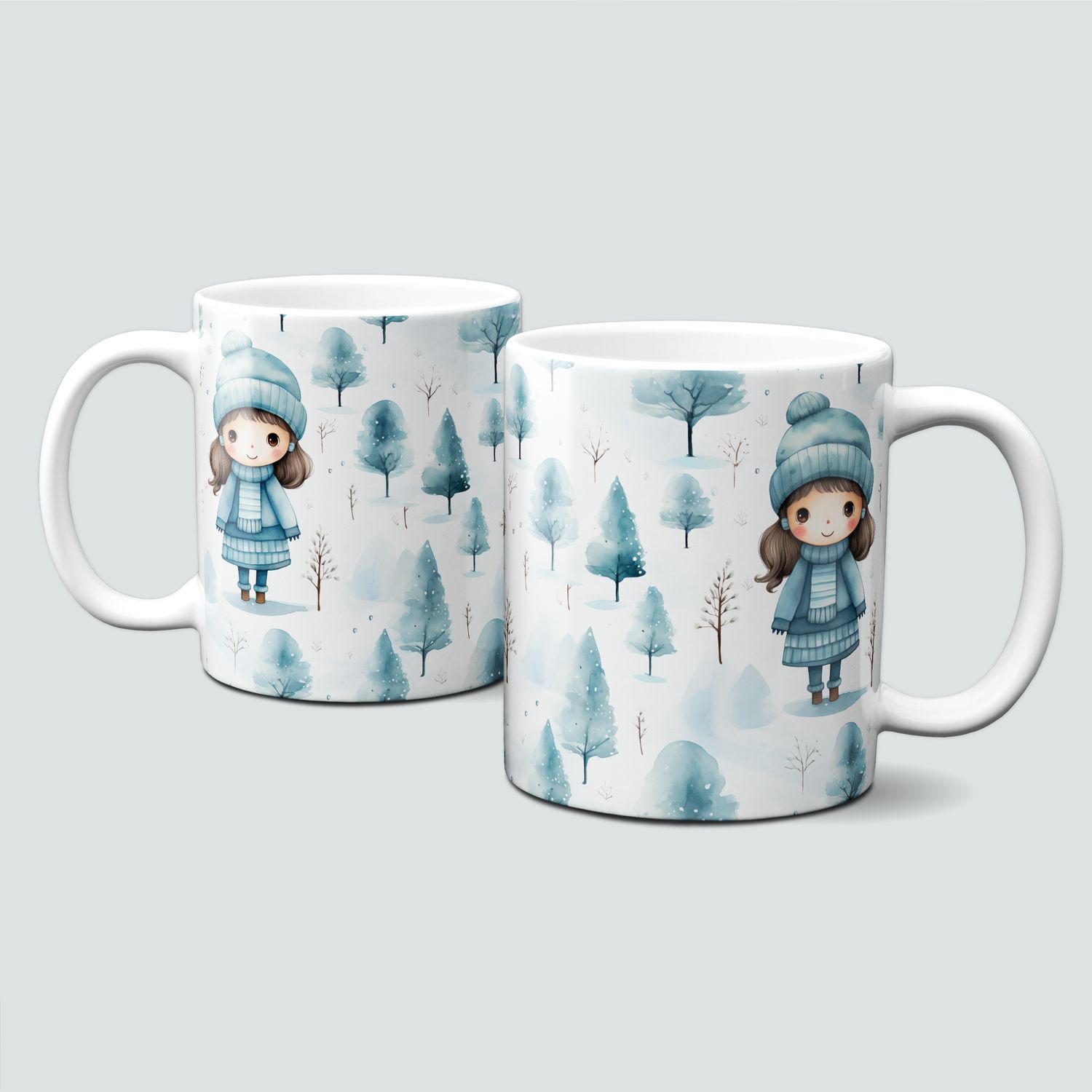 Keramiktasse mit Weihnachtsmotiv-Wald-Winterlandschaft-Bäume-Mädchen