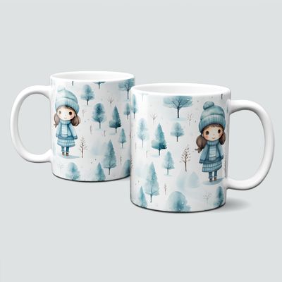 Keramiktasse mit Weihnachtsmotiv-Wald-Winterlandschaft-Bäume-Mädchen Keramiktasse mit Weihnachtsmotiv-Wald-Winterlandschaft-Bäume-Mädchen