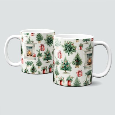 Keramiktasse mit Weihnachtsmotiv-Wald-Bäume-Geschenke-Kamin