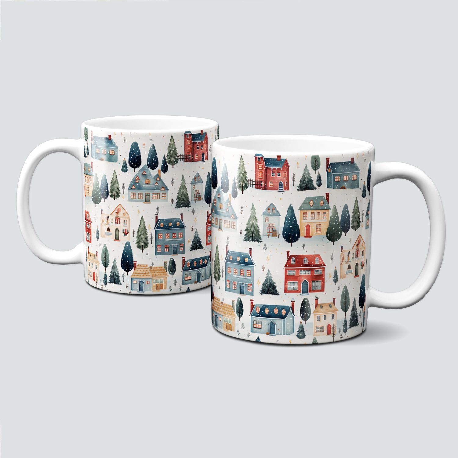 Keramiktasse mit Weihnachtsmotiv-Weihnachtshaus-Hütte-Schneelandschaft-Stadt