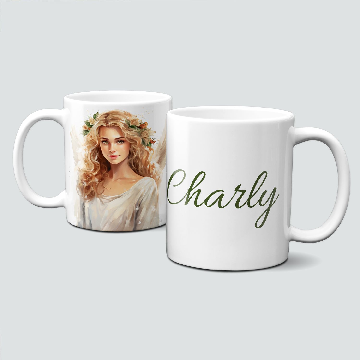 Keramiktasse mit Weihnachtsmotiv-Engel-Frau-Personalisierbar