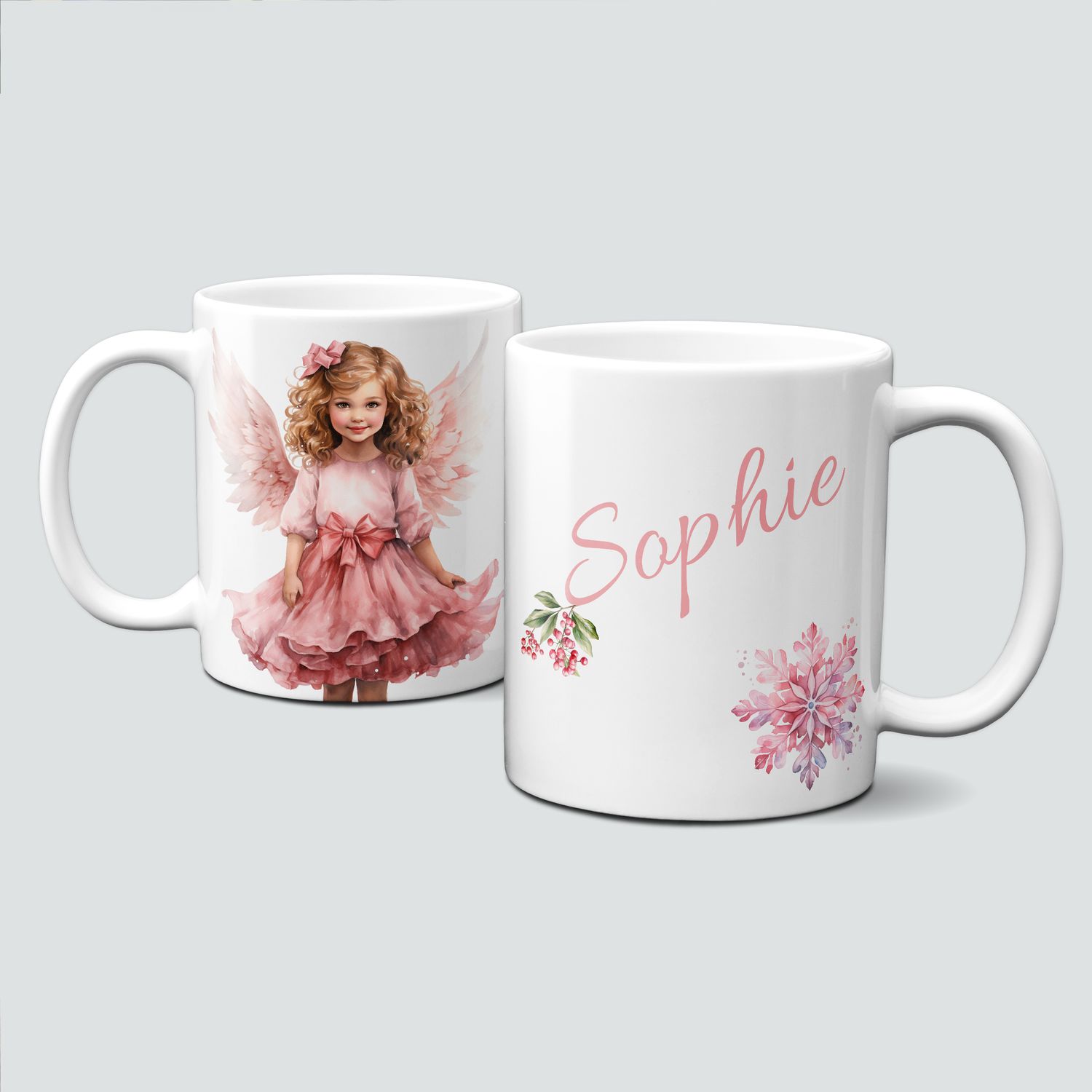 Keramiktasse mit Weihnachtsmotiv-PinkChristmas-Engel-rosa Flügel-Personalisierbar