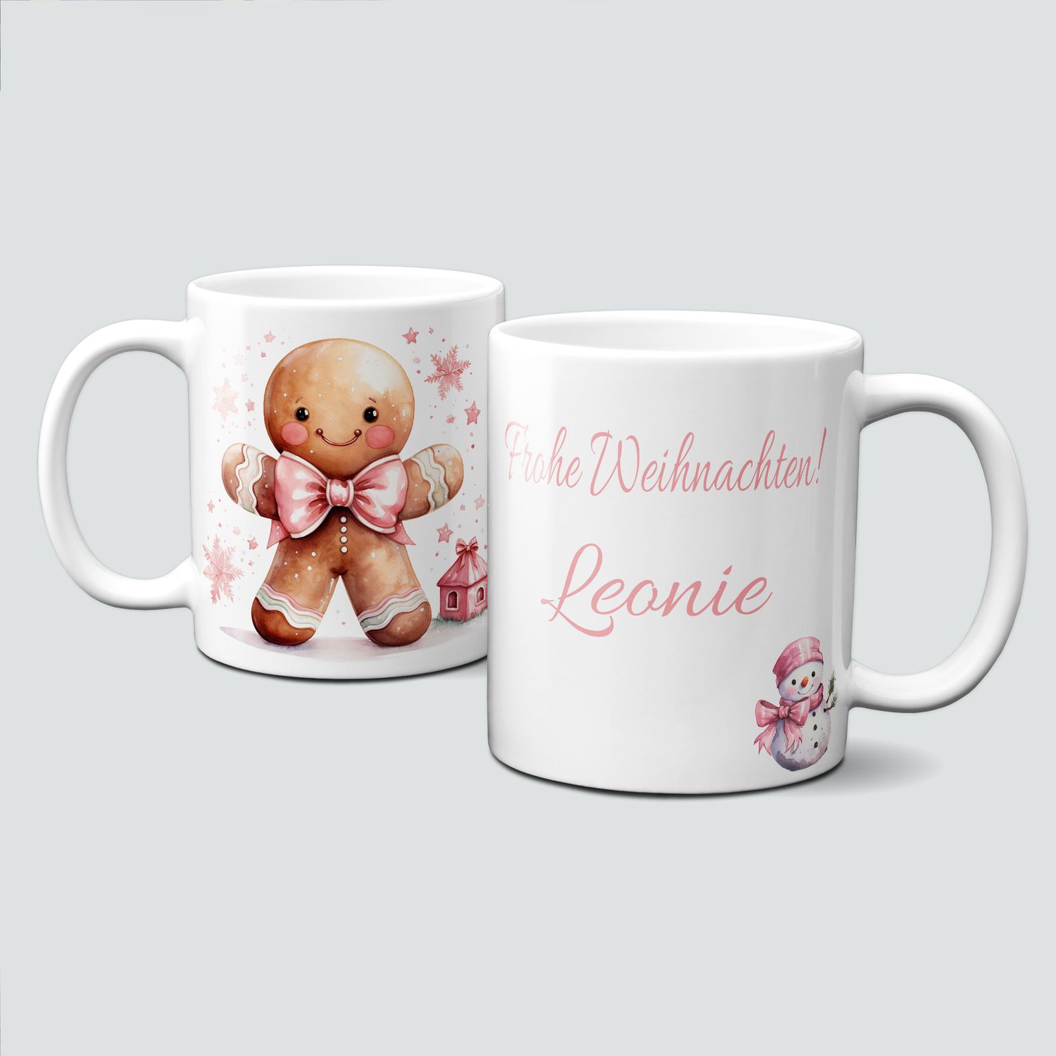 Keramiktasse mit Weihnachtsmotiv-PinkChristmas-Lebkuchenmännchen-rosa Masche-Personalisierbar