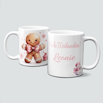 Keramiktasse mit Weihnachtsmotiv-PinkChristmas-Lebkuchenmännchen-rosa Masche-Personalisierbar