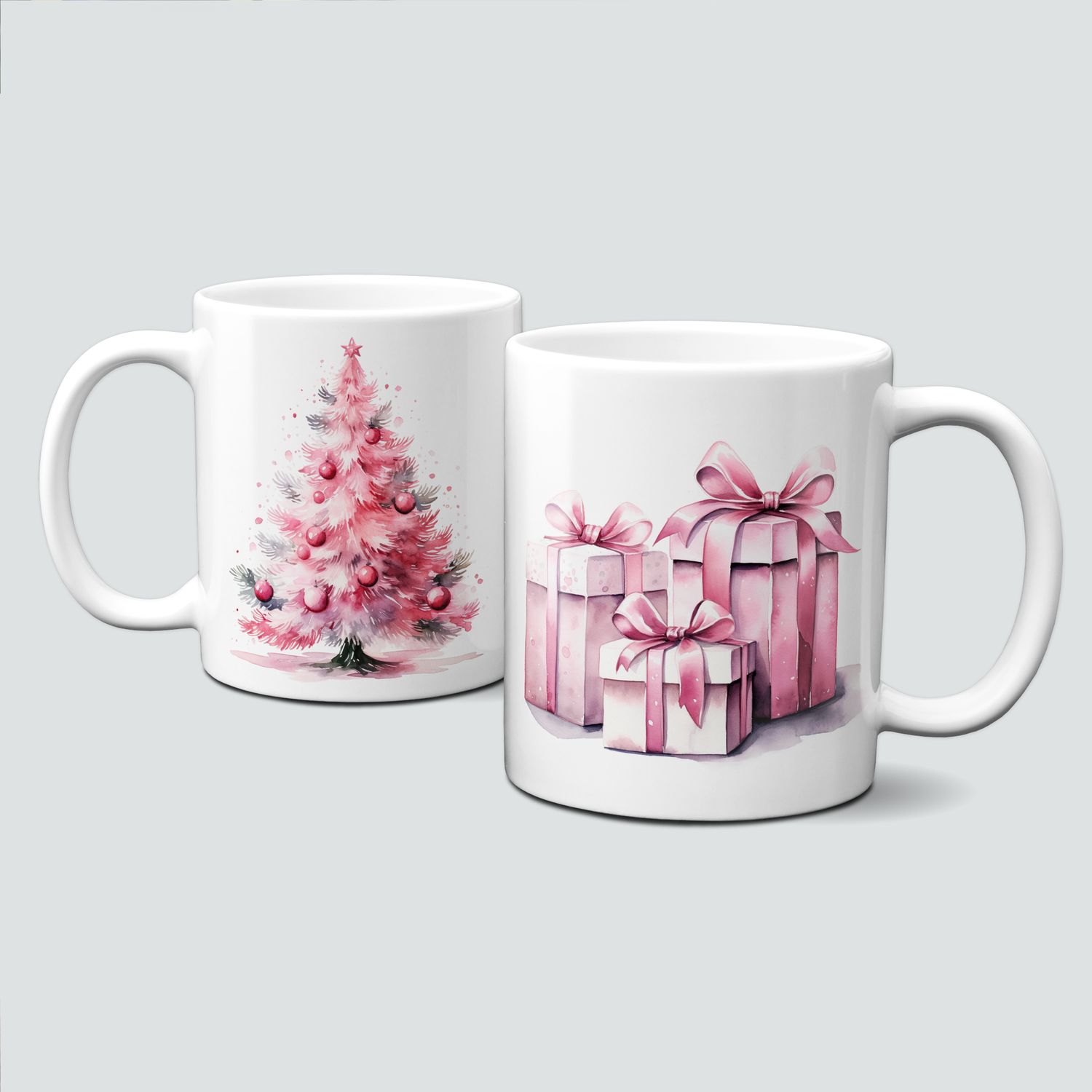 Keramiktasse mit Weihnachtsmotiv-PinkChristmas-Weihnachtsbaum-Geschenke