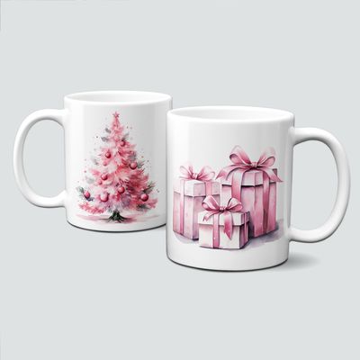 Keramiktasse mit Weihnachtsmotiv-PinkChristmas-Weihnachtsbaum-Geschenke