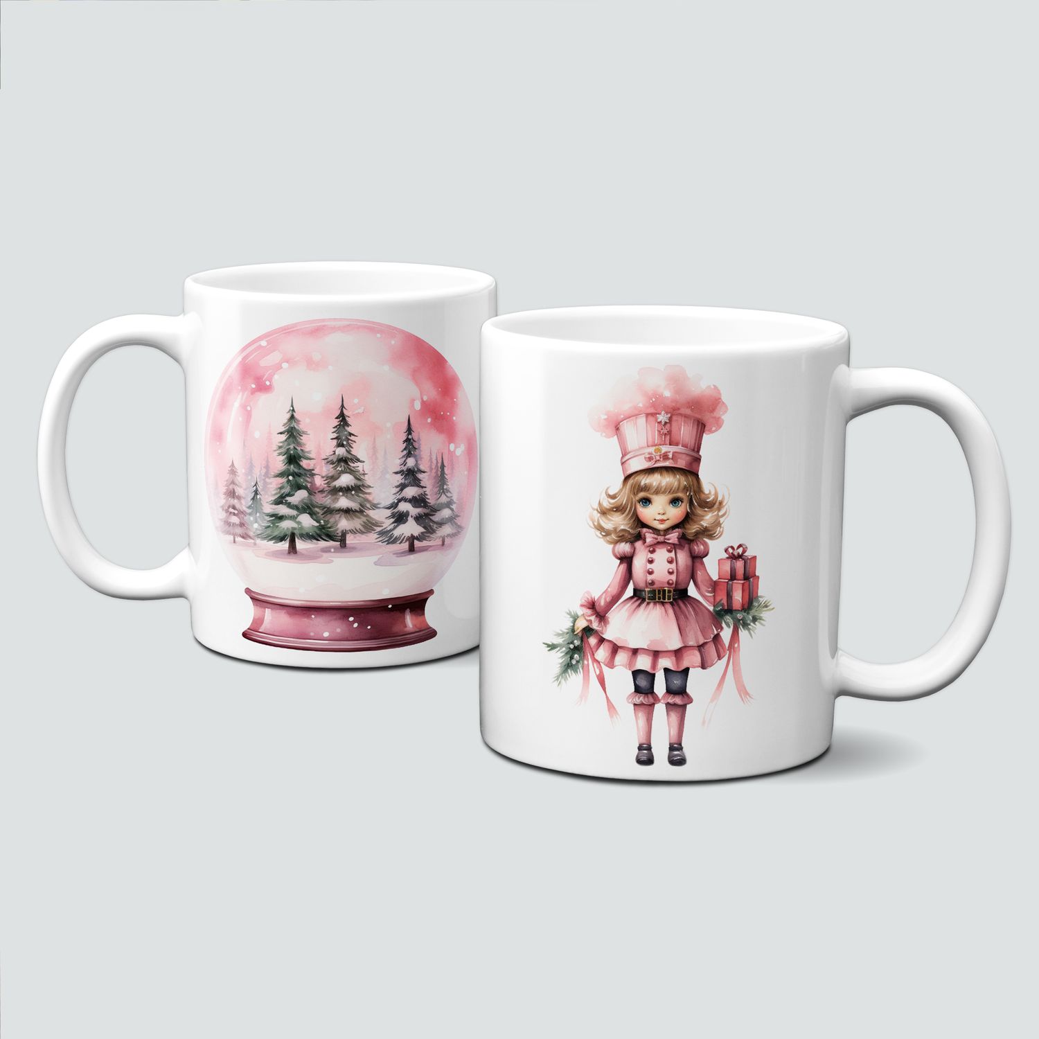 Keramiktasse mit Weihnachtsmotiv-PinkChristmas-Schneekugel-Nussknacker