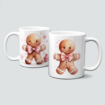 Keramiktasse mit Weihnachtsmotiv-PinkChristmas-Lebkuchenmännchen-rosa Masche
