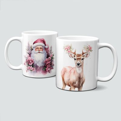 Keramiktasse mit Weihnachtsmotiv-PinkChristmas-Weihnachtsmann-Hirsch-Rentier