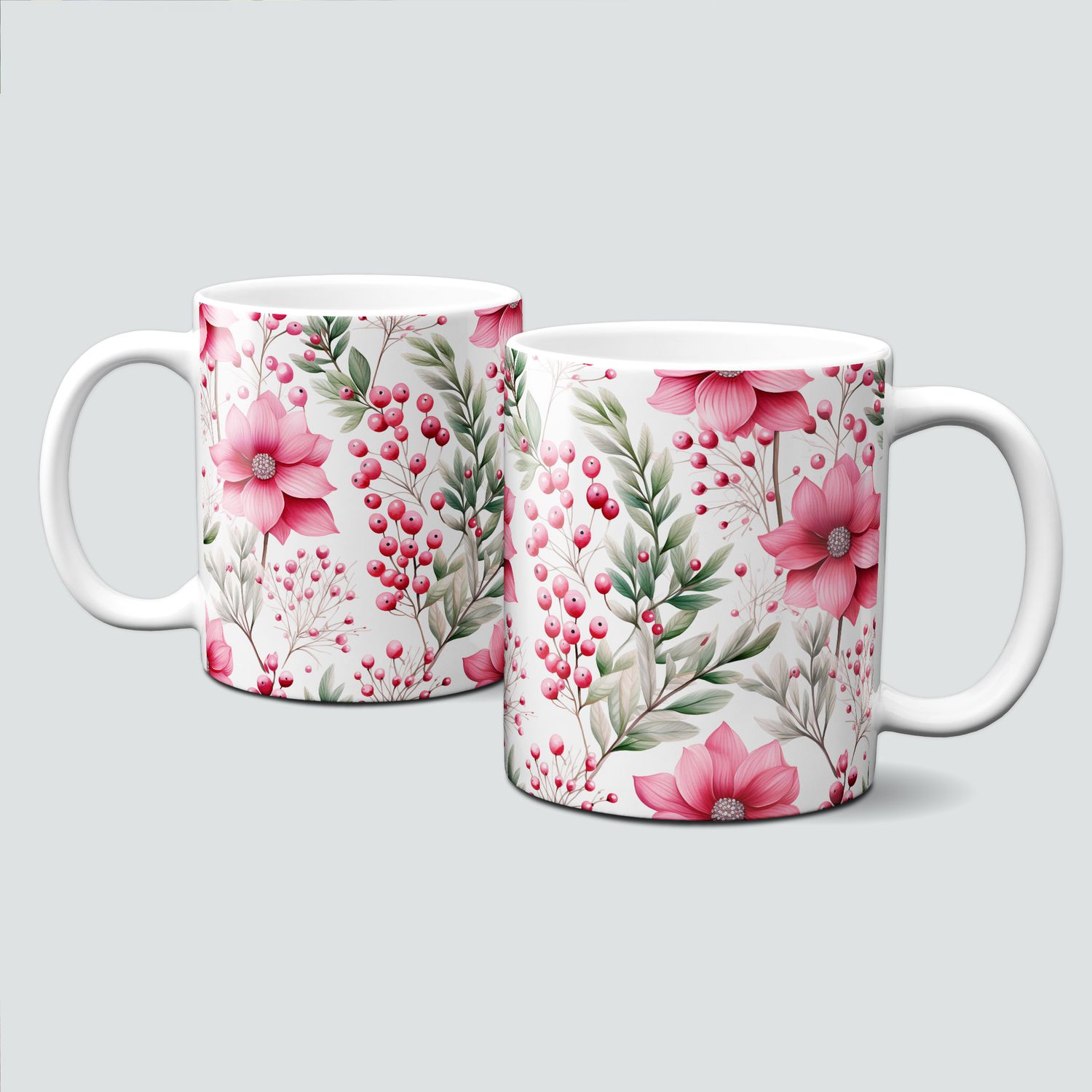 Keramiktasse mit Weihnachtsmotiv-PinkChristmas-rosa Blüten-Zweige-Muster