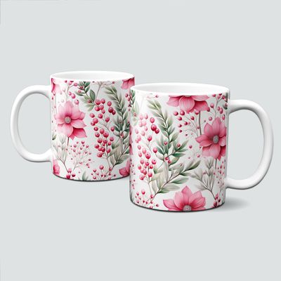 Keramiktasse mit Weihnachtsmotiv-PinkChristmas-rosa Blüten-Zweige-Muster