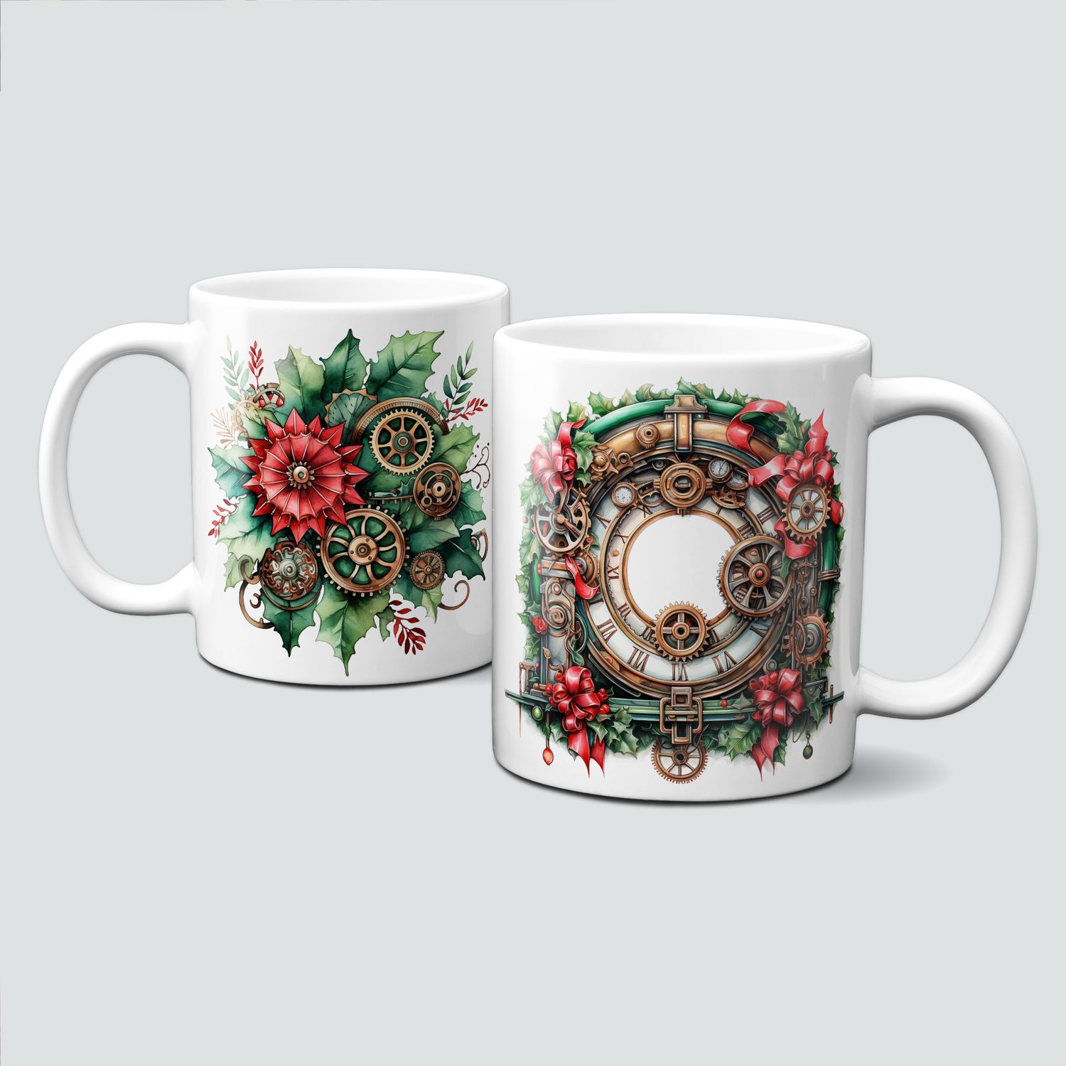 Keramiktasse mit Weihnachtsmotiv-SteamPunk-Uhr-Kranz-rote Blüte