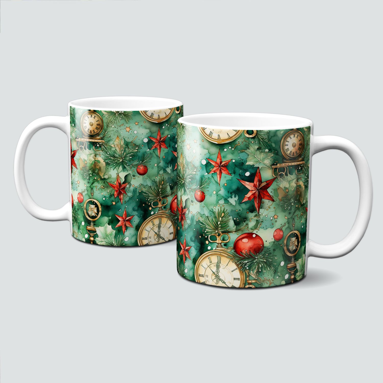 Keramiktasse mit Weihnachtsmotiv-SteamPunk-Uhr-grün-rot-gold