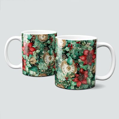 Keramiktasse mit Weihnachtsmotiv-SteamPunk-Uhr-Weihnachtsstern-grün-rot-gold Keramiktasse mit Weihnachtsmotiv-SteamPunk-Uhr-Weihnachtsstern-grün-rot-gold