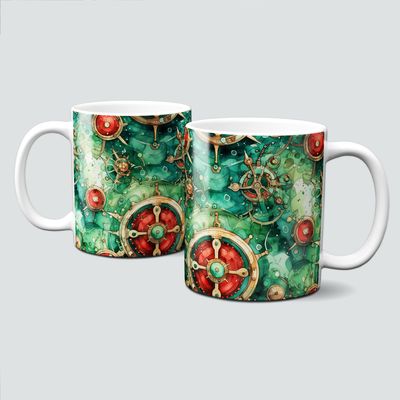 Keramiktasse mit Weihnachtsmotiv-SteamPunk-Kompass-grün-rot-gold Keramiktasse mit Weihnachtsmotiv-SteamPunk-Kompass-grün-rot-gold