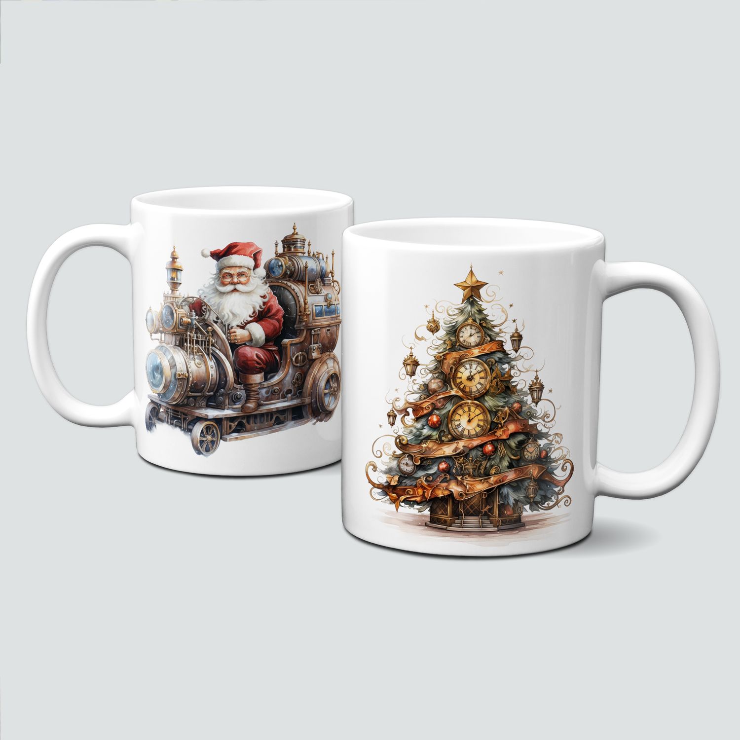 Keramiktasse mit Weihnachtsmotiv-SteamPunk-Santa-Lokomotive-Baum